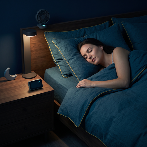 Illustration of a sleeper with a fan and a room thermometer