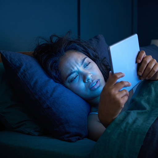 Adult looking at a tablet in bed, shown with illustrative blue lighting
