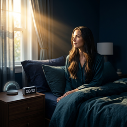A person sitting beside a bright window after waking in the morning