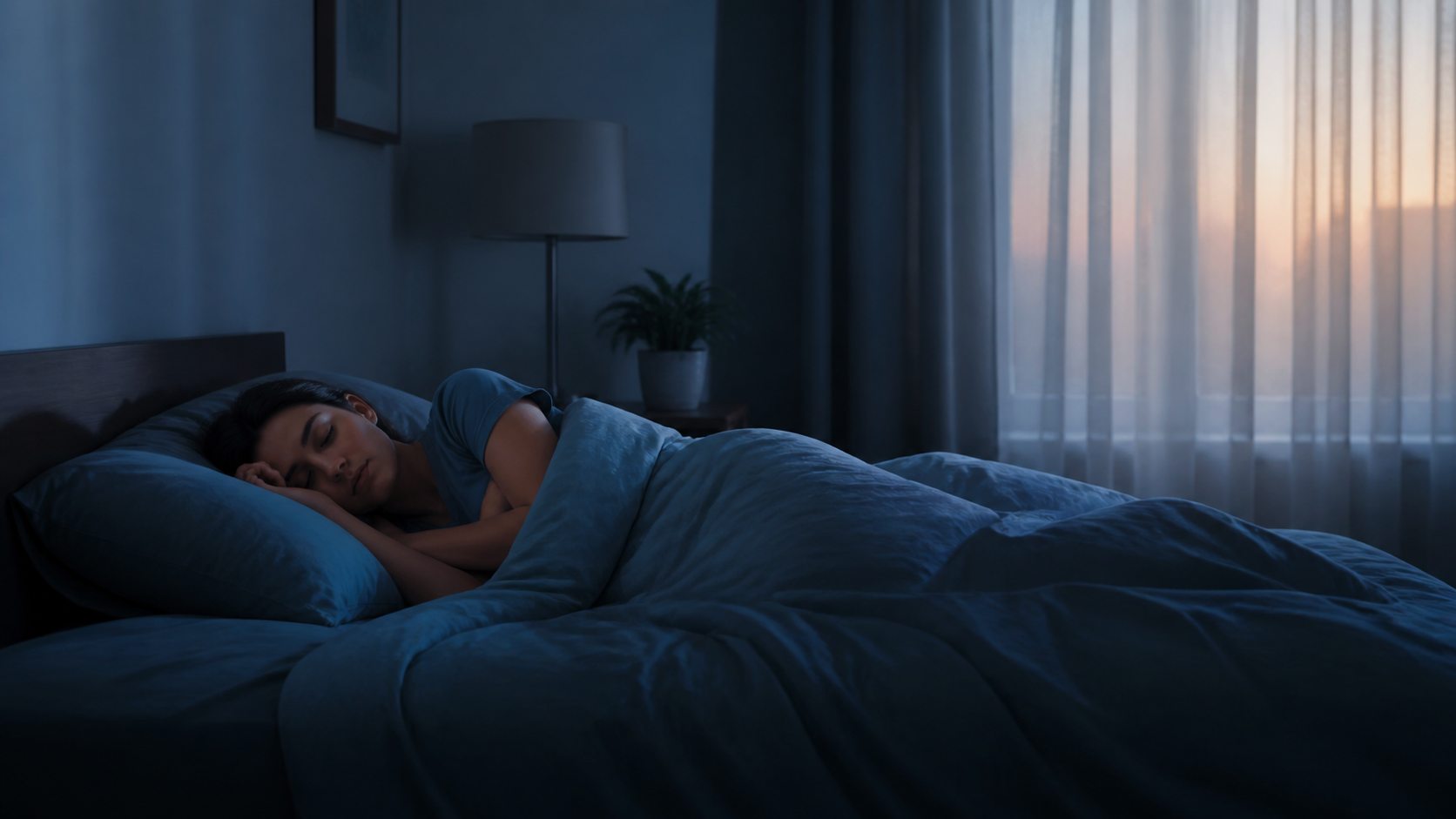 A person sleeping in a quiet bedroom as early daylight reaches the curtains