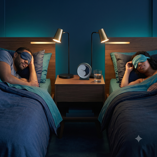 Two partners sleeping in separate beds with a shared bedside table