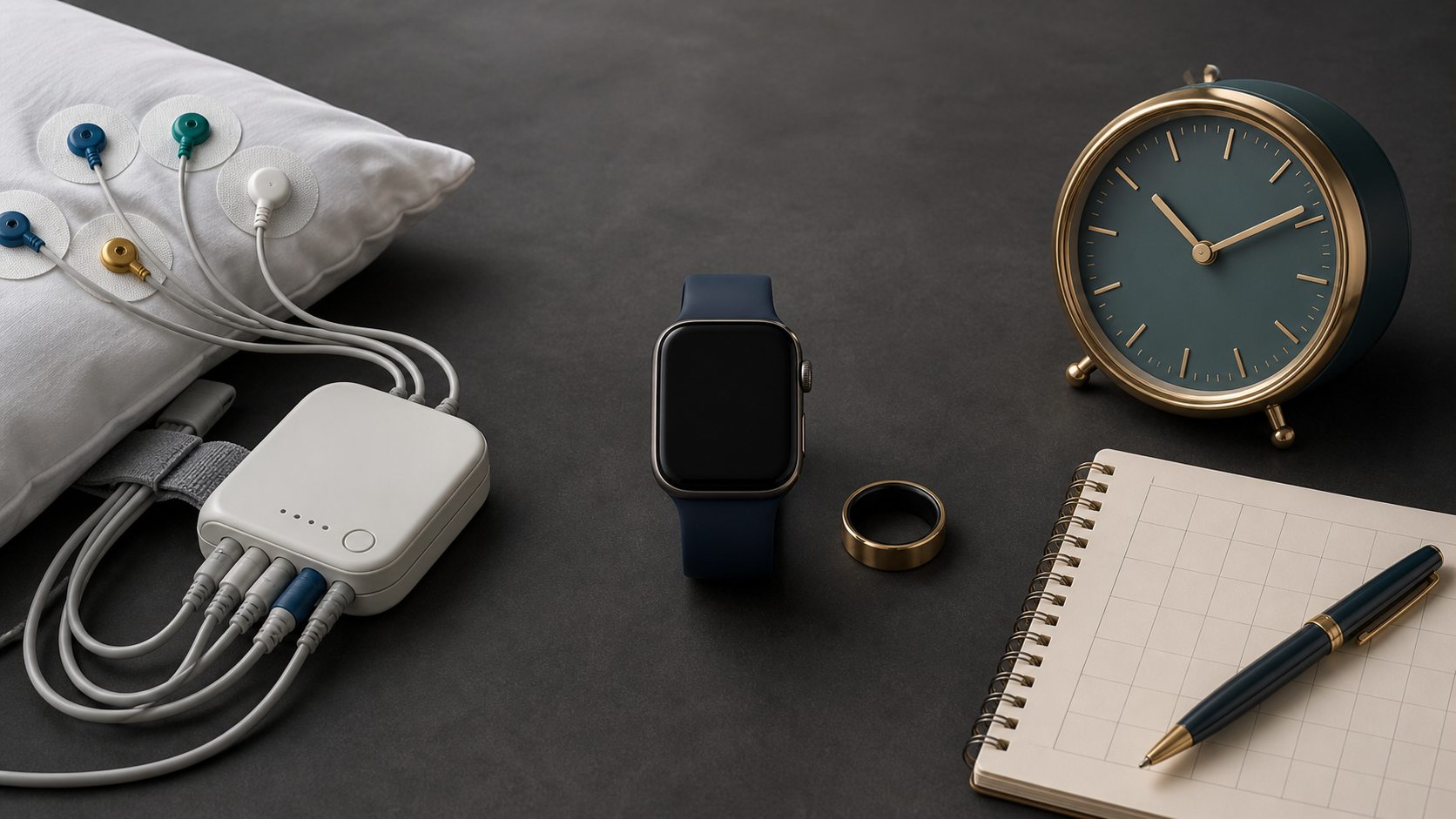 Sleep-study sensors, a consumer watch and ring, and a bedside clock arranged as three sources of sleep information