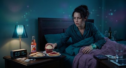Adult reaching for a dessert beside a bed