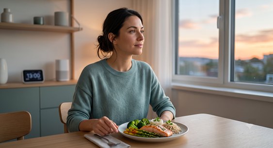 Adult eating a meal at a table near a window