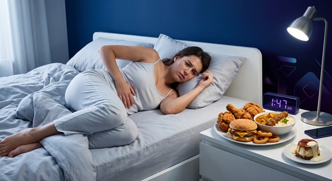 Adult lying awake with a large tray of fried food beside the bed