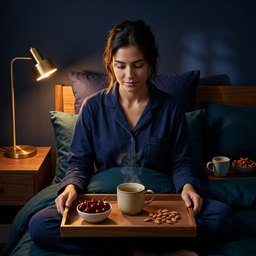 Adult holding a tray with cherries, nuts and a cup beside a bed