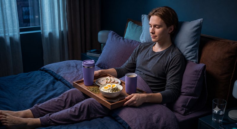 Adult with a food tray and two purple cups in a bedroom
