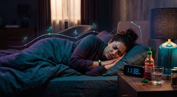 Adult in bed with spicy food nearby and decorative heat lines