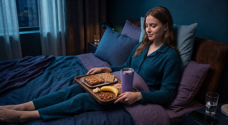 Adult holding a tray with toast, banana, nuts and a purple cup