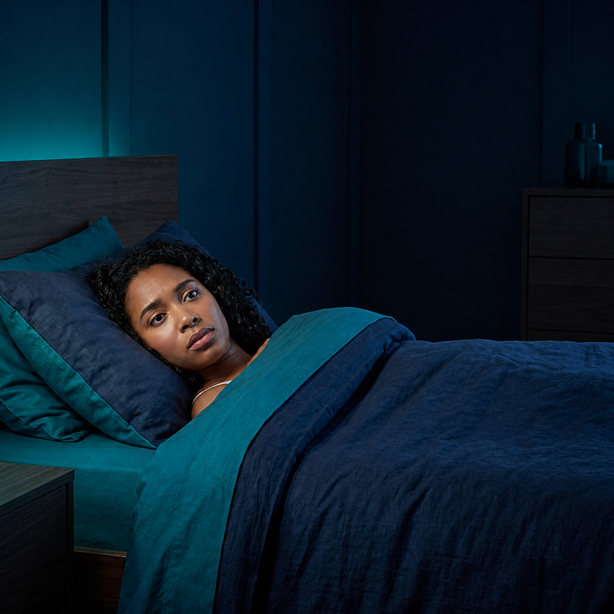 Alert but calm adult orienting in bed after waking