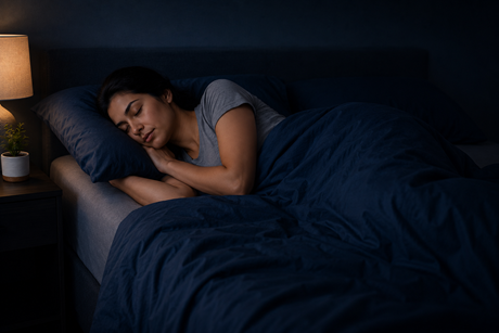 An adult resting on their side with their head on a pillow