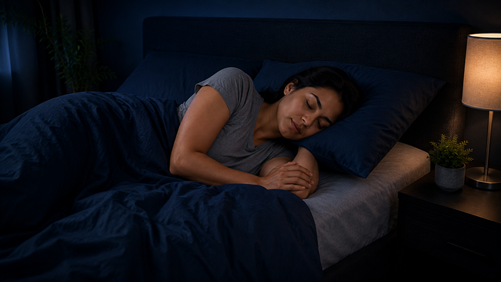 An adult lying on their side in bed