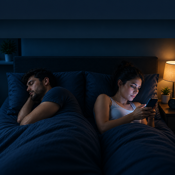 One partner using a phone while the other sleeps