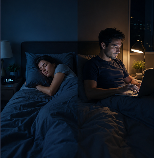 One partner sleeping while the other works on a laptop later at night