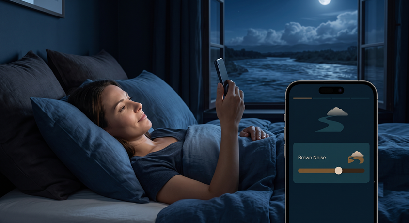 Adult in bed using a phone screen labelled Brown Noise