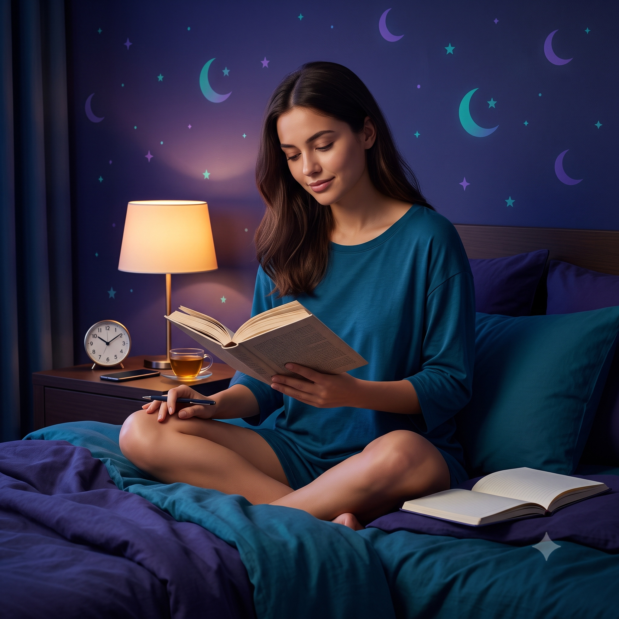 Adult reading a book beside a clock and an unused phone
