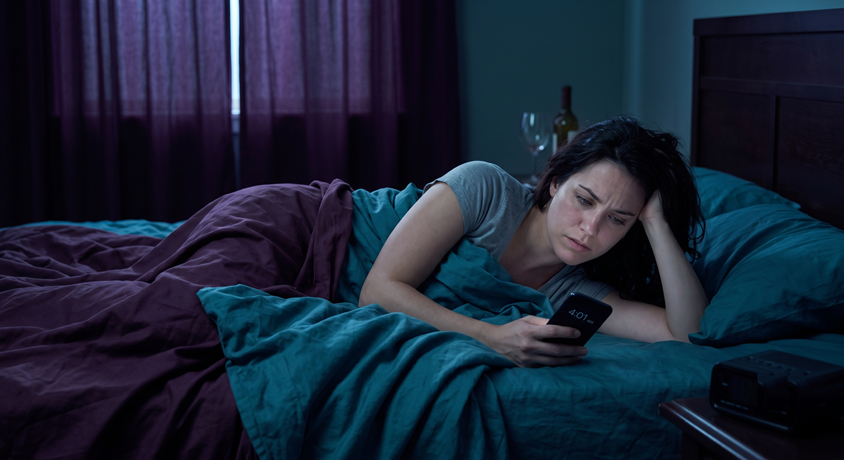 Illustration of a person awake in bed looking at a phone during the night