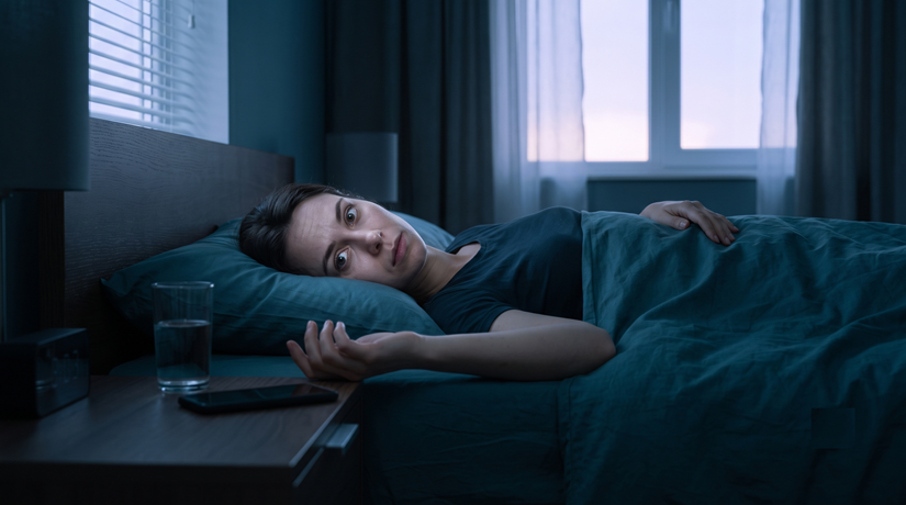 Adult awake in bed near morning light during a waking transition
