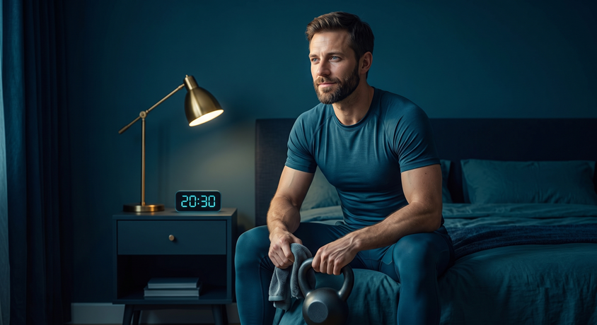 Adult resting with a kettlebell and towel beside an evening clock
