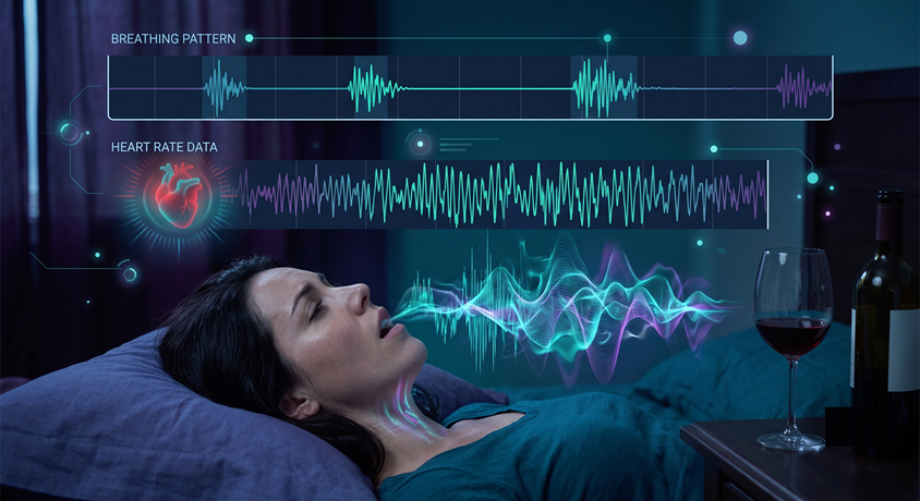 Illustration of a sleeper with symbolic breathing and heart traces