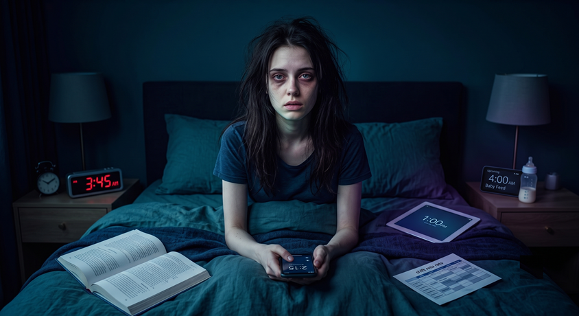 Illustration of a tired person with several night-time clocks and interruptions
