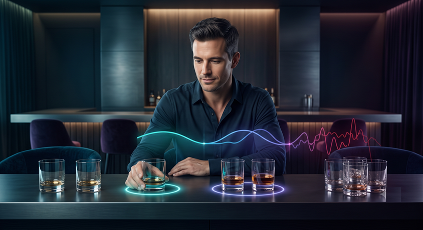 Illustration of an adult with different drink servings and a stylised coloured line