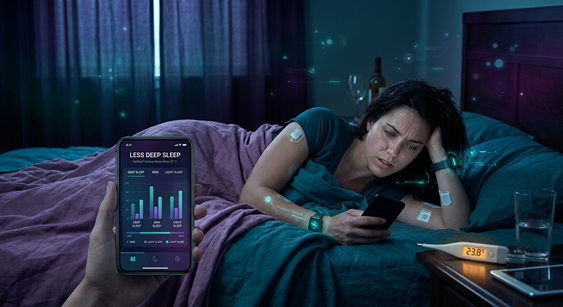 Illustration of a sleeper beside a phone displaying a fictional deep-sleep score and room temperature