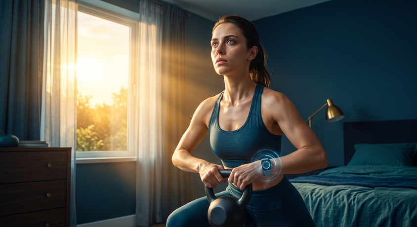 Adult holding a kettlebell beside a bright morning window