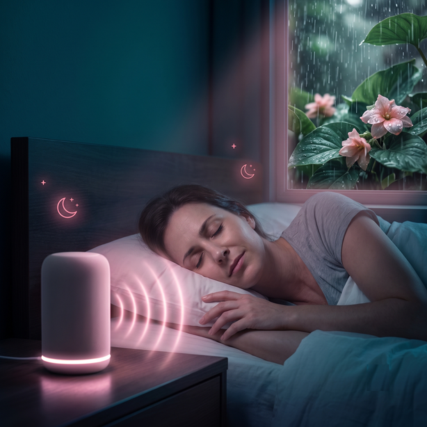 Adult sleeping beside a softly lit speaker while rain falls outside