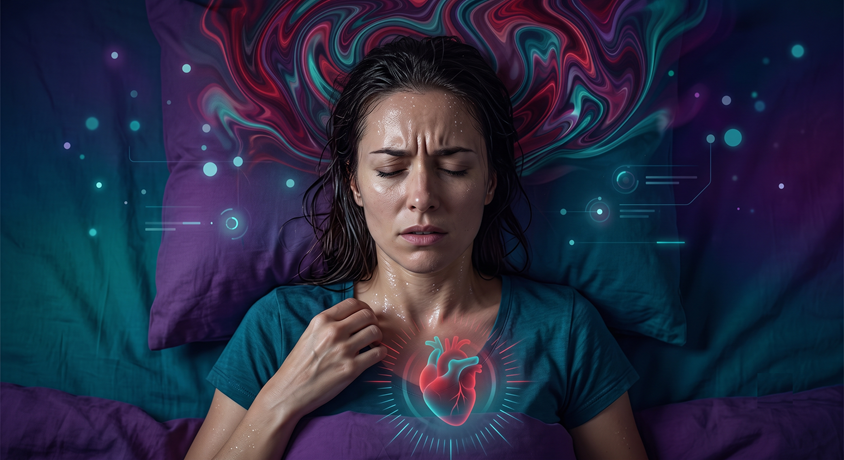 Illustration of a restless person in bed with a symbolic heart graphic