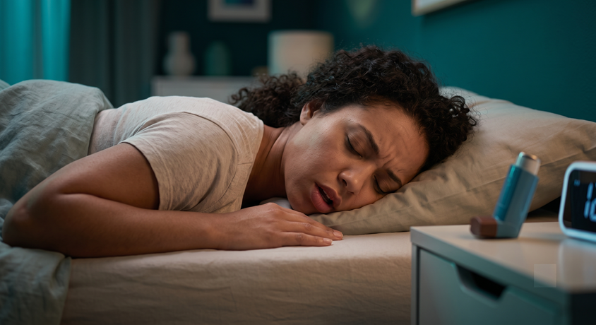 An adult lying face down, with an inhaler pictured beside the bed