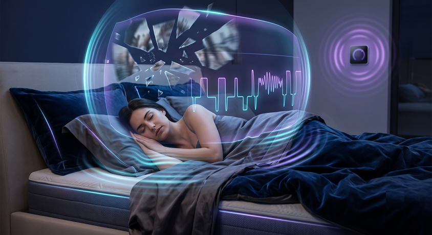 Illustration of a sleeper surrounded by stylised sleep traces