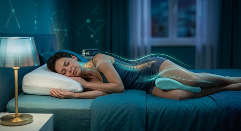 Side sleeper with head and leg support and an illustrative spine overlay
