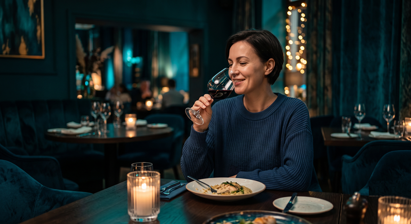 Illustration of an adult having a drink with an evening meal