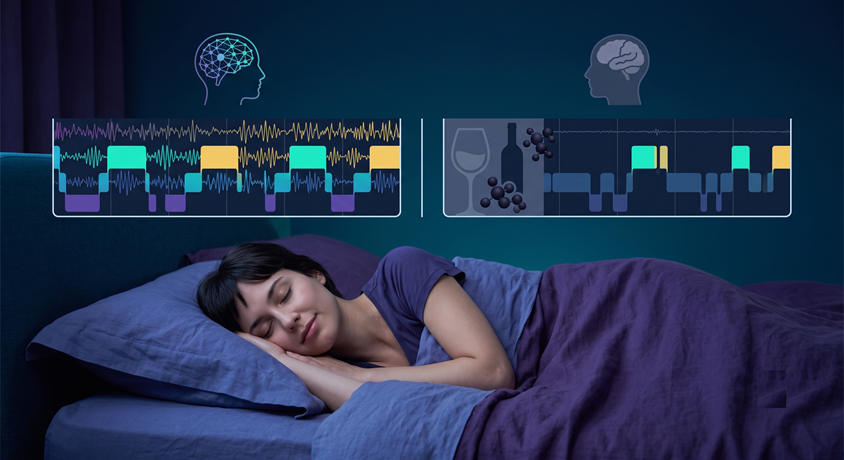 Illustration of a sleeper beneath two stylised sleep-stage patterns