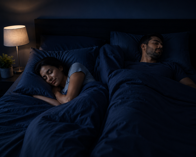 Illustration of two adults sharing a bed with separate blankets