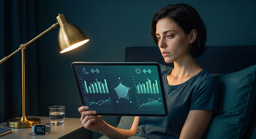 Adult holding a tablet with illustrative exercise and sleep charts