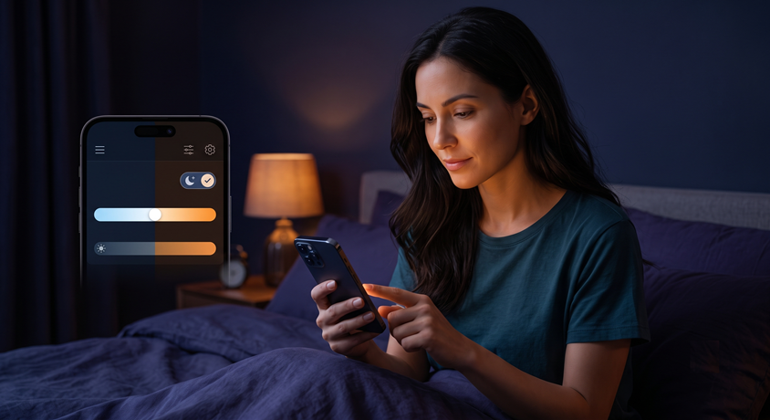 Phone user with illustrated cool and warm display settings