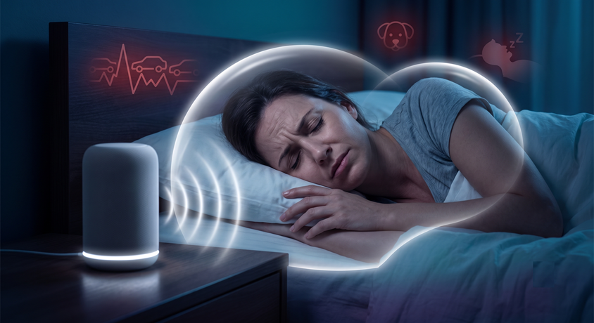 Adult in bed beside a sound machine with symbols for traffic, a barking dog and snoring