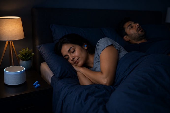 Sleeping partners with a small sound device and earplugs nearby