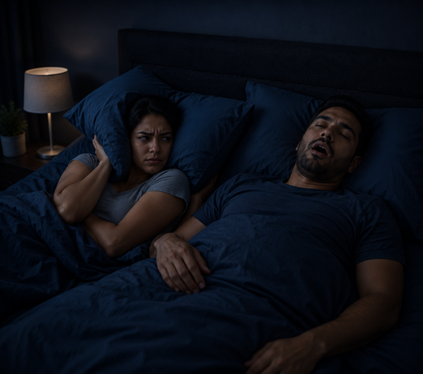 One partner awake beside a partner who appears to be snoring