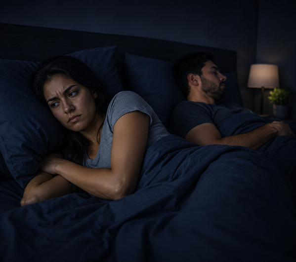 Awake partner looking tense while the other partner sleeps
